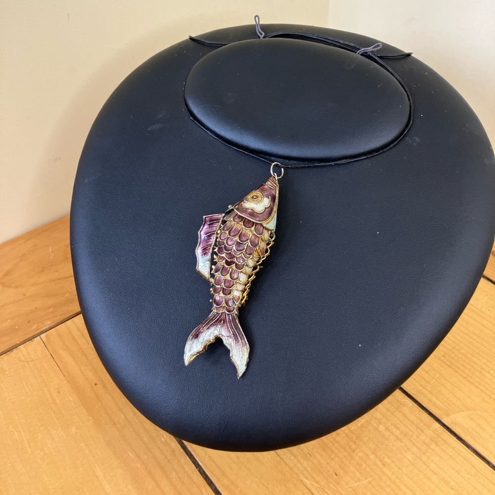 Cloisonne Enamel Articulated Koi Fish Pendant Purple/Gold-tone Vintage 90s 3D